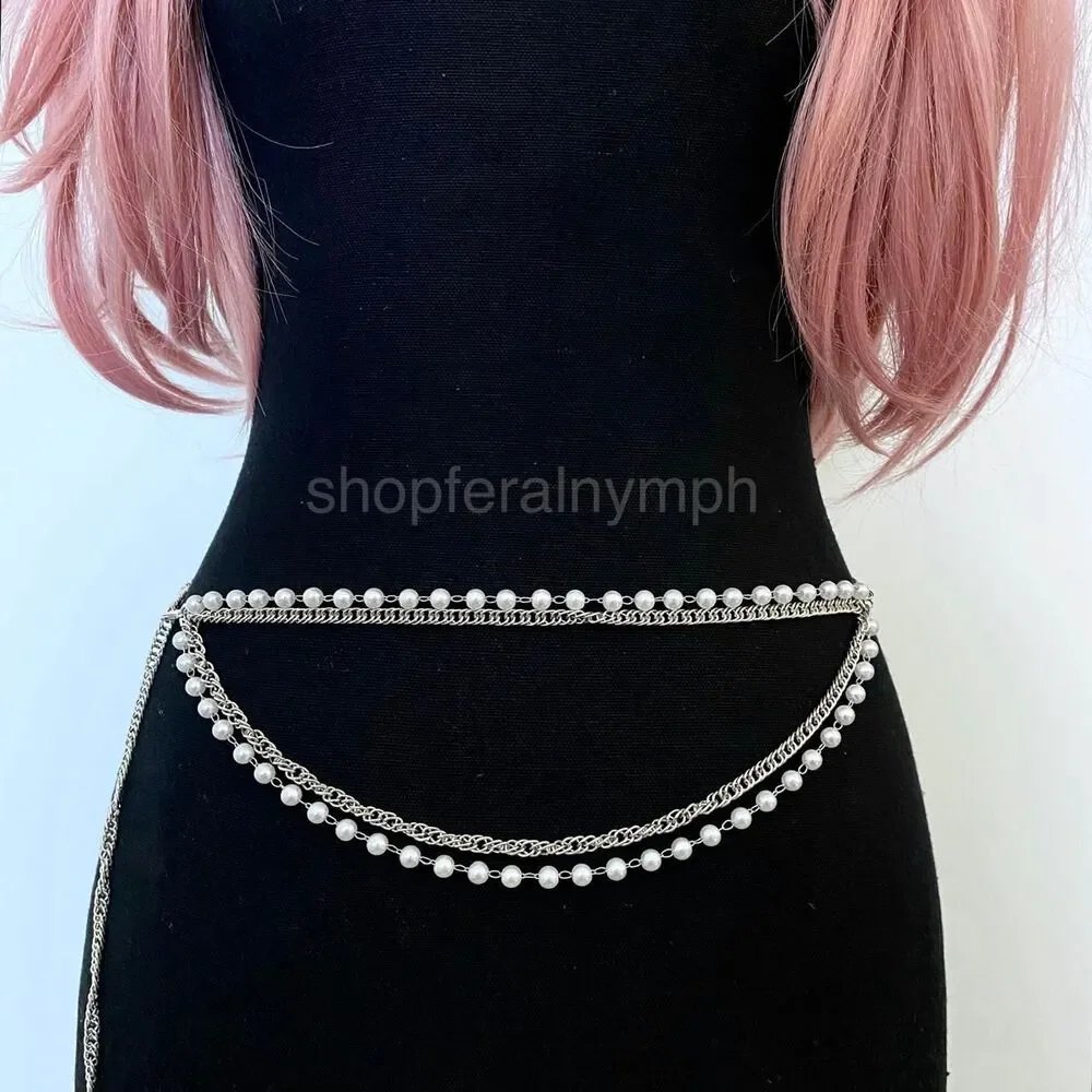 Silver Layered Faux Pearl Draped Waist Chain Belt, Fits 11-39 Inches, X7GA1346
